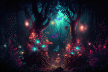 Fairy Forest At Night, Fantasy Glowing Flowers, Butterfly And Lights. (ai Generated)