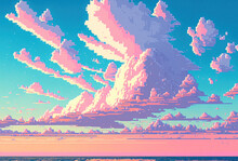 Pastel Sweet Blue Pink Sky Pixel Art Style. Background With Copy Space Generative Ai.
