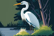 A image of a Great Egret (Ardea alba) against a background of nature. Animal, White Birds, and Heron. Generative AI