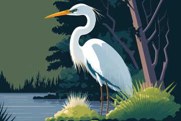 Poster - a image of a great egret (ardea alba) against a background of nature. animal, white birds, and heron