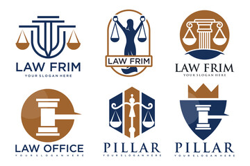 Law office logos set with scales of justice, gavel etc illustrations.