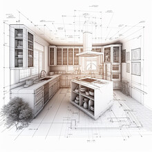Detailed Drawings Of Plans For A Kitchen, Generative Ai