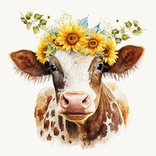 Cute Cow With Many Various Sunflowers, Floral, Flowers - Generative AI