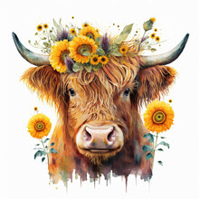 Highland Cow Face With Many Various Sunflowers -Generative AI