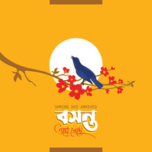 Spring Bengali Typography With The Cuckoo Bird. Spring Has Arrived. Spring Is Coming. A Bird Sits On A Flowering Tree. Orange Background. The Bengali Words Say "Boshonto Eshe Geche".  Vector Design.