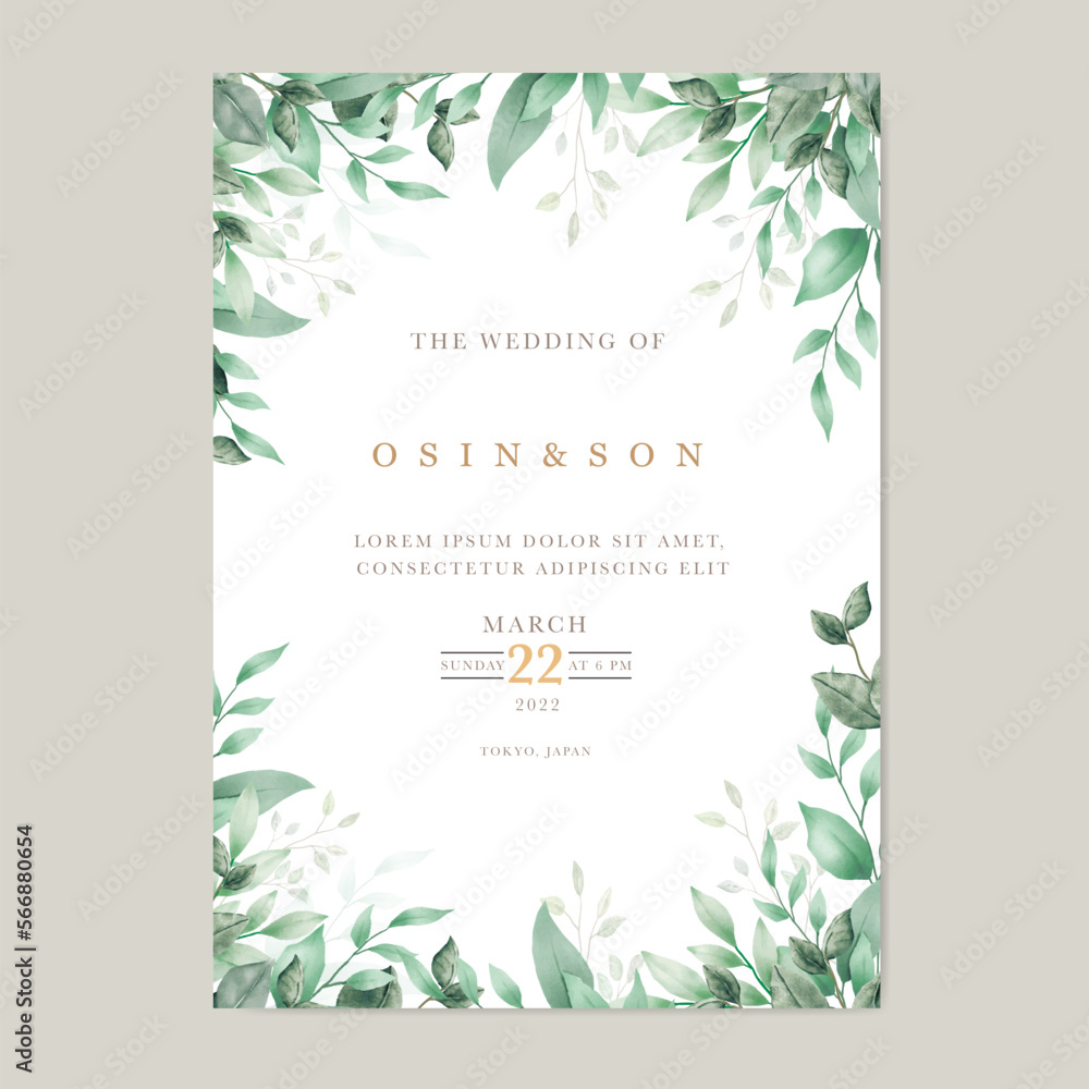 beautiful green leaves watercolor wedding invitation card template ...