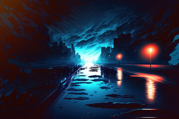 Poster - Wet asphalt, a dark street, and sunray reflections in the water. Smoke and pollution, with a dark blue abstract background. Neon lights, spotlights, and a pitch black environment. Cement flooring