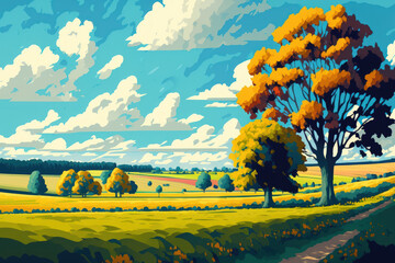 Poster - A beautiful English countryside view with a bright blue sky, white clouds and sun light on a field. Blyth, Northumberland vibrant autumn landscape with trees in the background. Generative AI