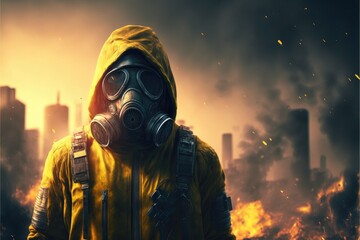 man in a protective yellow suit and gas mask front of a burning destroyed city nuke war