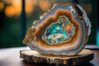 © Kust - Background of natural volcanic agate stone texture, raw crystal on a wooden surface. Fairburn agate colorful  mineral rock. Pure quartz marble formation art. Orange and cyan gemstone. Generative art