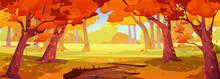 Sunny Autumn Forest, Park Nature Landscape. Cartoon Fall Wood Background With Yellow Grass Under Orange Trees With Falling Leaves, Brown Sandy Path. Vector Illustration