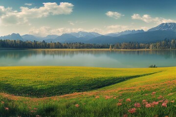 panoramic landscape with meadow and lake in bavaria, germany, at springtime. generative ai