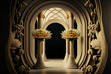 Wall Mural - Golden columns and frames and lotus flowers. Generative AI