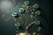 Green flowers on a golden tree on marble background.. Generative AI