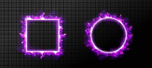 Wall Mural - circle and square frames with purple fire. fantasy banners with burning borders with violet flame, g