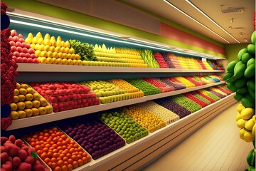 Vegetable farmer market counter: colorful various fresh organic healthy vegetables at grocery store. Healthy natural food concept. Generative AI