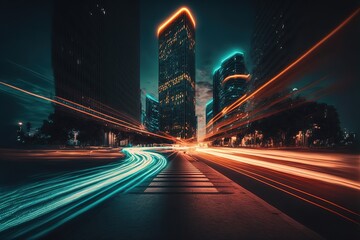 abstract speed of light, light trails background in dark night city generative ai