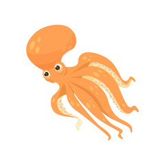Wall Mural - happy orange comic octopus illustration. underwater animal cartoon character with tentacles, sea or 
