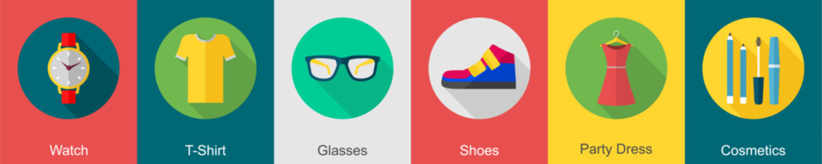 A set of 6 Clothes icons as watch, t shirt, glasses