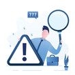 Businessman with warning sign, closeup view. Identification of problems. Errors and risk analysis. Magnifying glass to investigate. Looking for methods or ways to overcome or resolve problems.