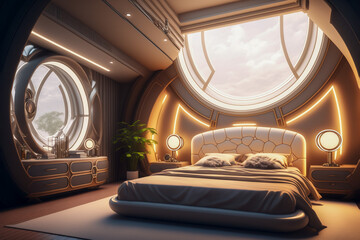 Wall Mural - A cozy small futuristic bedroom with a large window and a bed, Generative AI