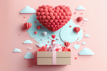 Wall Mural - Paper cut style , valentine day with heart baloon and love, Generative Ai
