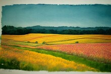 Watercolor Illustration. Field, Country Hedge. Agriculture, Farmland. Nature Village Landscape. Organic Farming. Generative AI