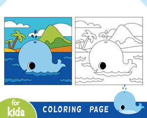 Wall Mural - Coloring page, Cute whale and tropical island background