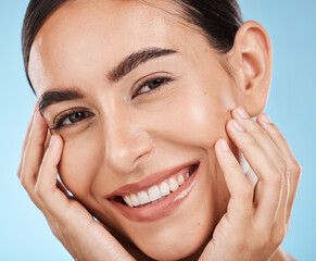 Canvas Print - Woman, skincare and beauty in closeup studio portrait with smile, happy or excited for cosmetic wellness. Model, natural skin glow or happiness for cosmetics, wellness or aesthetic by blue background