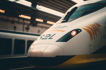 High speed bullet train closeup front cockpit view at station, high speed bullet train ready at railway station waiting for passengers, fastest train , generative ai, bullet train Shinkansen in day