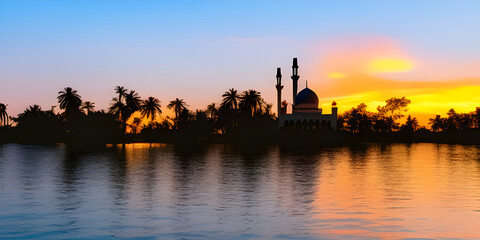 Wall Mural - An Islamic mosque with a dramatic sunset, surrounded by palm trees and a body of water