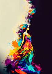Illustrated drawn beautiful girl in a pompous long vivid color colorful dress. Outfit viva magenta colors on a dark background. Illustration. Generative AI.