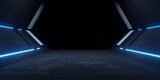 Fototapeta Do przedpokoju - 3d rendering of spaceship corridor hallway neon glowing blue background concrete. Cyberpunk concept. Scene for advertising, showroom, technology, future, modern, sport, metaverse. Sci Fi Illustration