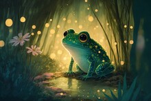 Adorable Little Green Frog Sitting In A Forest A Nightime With Lights Around, Children Book Illustration, Ai Art, Watercolor Painting