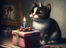 Vintage Style Cat Birthday Party With Candle, On Gift, Cake, Hat, Generative Ai