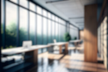 Wall Mural - blurred office workspace in the evening , interior workplace with cityscape for business presentatio