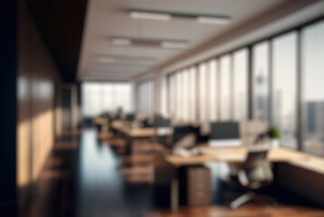 Wall Mural - blurred office workspace in the evening , interior workplace with cityscape for business presentatio