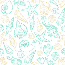 Seashells And Starfish Seamless Pattern Background Vector Illustration. Cute Aquatic Marine Life Doodle Wallpapers