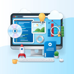 Wall Mural - software development banner. monitor with programming window and app development icons on the screen