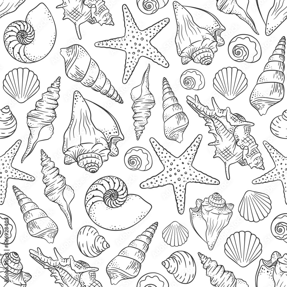 Seashells and starfish seamless pattern background vector illustration ...