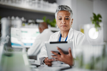 Wall Mural - woman, tablet or thinking in science laboratory for medical research, innovation or ideas for geneti