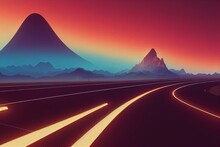 3d Rendering, Road From Geometric Lines Between The Mountains To The Setting Sun.Design In The Style Of The 80s. Futuristic Synthesizer Retro Wave. Generative AI