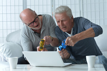 Wall Mural - Two old men sitting at table and playing video game