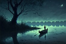 The Boy On A Boat Looking At The Mysterious Man With One Eye On A Fallen Tree In River At Night , Digital Art Style, Illustration Painting, Fantasy Concept Of A Boy On A Boat In The River At Night