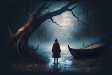 The Boy On A Boat Looking At The Mysterious Man With One Eye On A Fallen Tree In River At Night , Digital Art Style, Illustration Painting, Fantasy Concept Of A Boy On A Boat In The River At Night