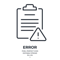 Attention, alert, error, and mistake concept. Clipboard and exclamation mark sign editable stroke outline icon isolated on white background flat vector illustration. Pixel perfect. 64 x 64.