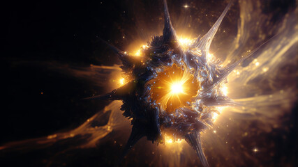 Fototapete - View of the birth of a star in space during a nebula explosion. Nuclear fusion of cosmic clouds of gas and dusts. Universe background. Generative ai