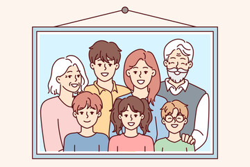 Wall Mural - Family photo portrait in frame with teenage children and gray-haired grandparents hangs on wall. Parents and three kids smile to capture happy moments during Sunday get together. Flat vector design 