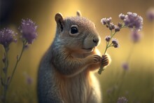 A Squirrel Holds A Flower In His Hands And Sniffs It