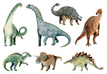 Watercolor Herbivores Dinosaurs Illustrations, Brachiosaurus, Ankylosaurus, Triceratops, Stegosaurus, Parasaurolophus